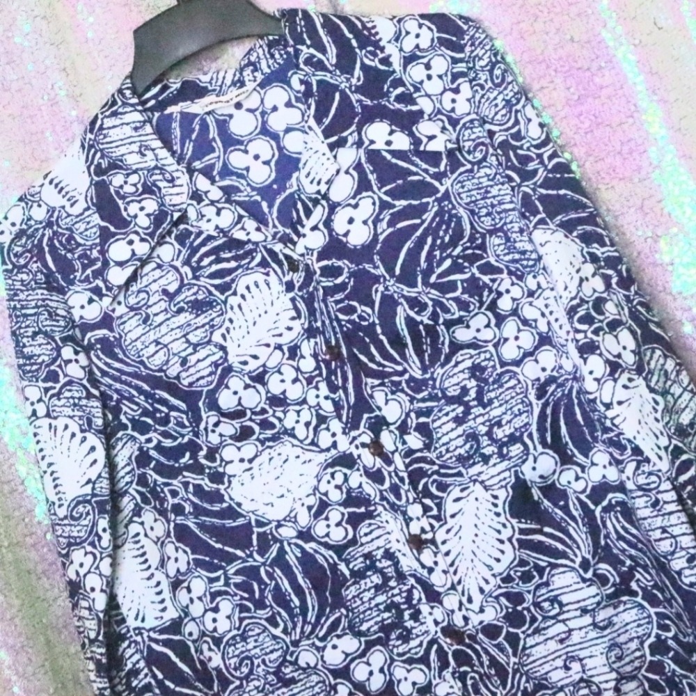 Blue White Shirt Dress L Vintage Women Floral Botanical ILGWU Summer 70s 80s